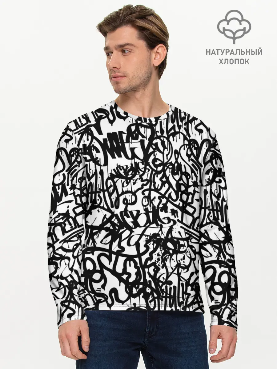 Мужской лонгслив базовый / Graffiti black on white (P007_P004ooo2990953, P004ooo2990953)