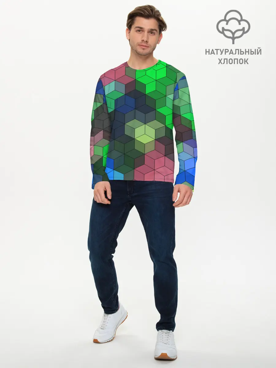 Мужской лонгслив базовый / Разноцветный геометрический уз (P007_P004ooo2993189, P004ooo2993189)
