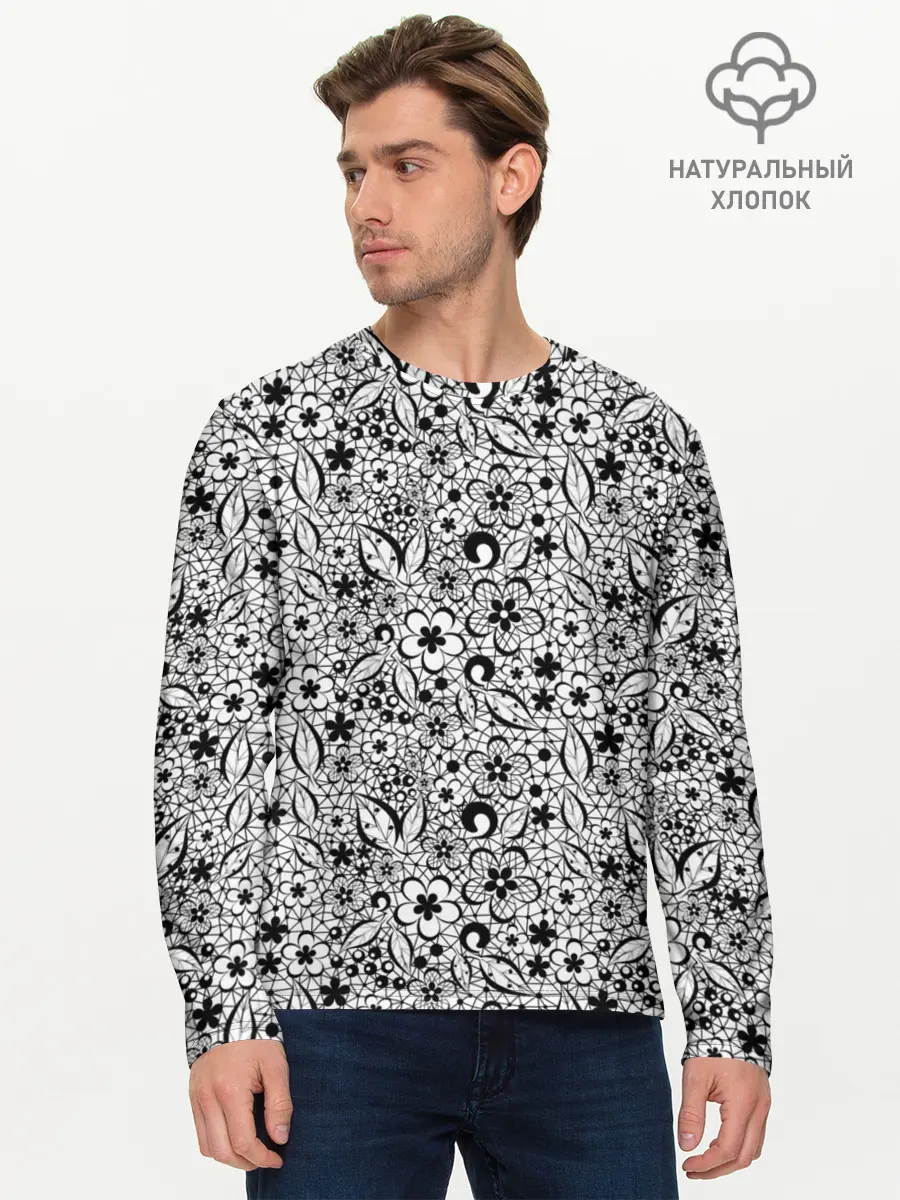 Мужской лонгслив базовый / Черное кружево цветочное (P007_P004ooo3003227, P004ooo3003227)