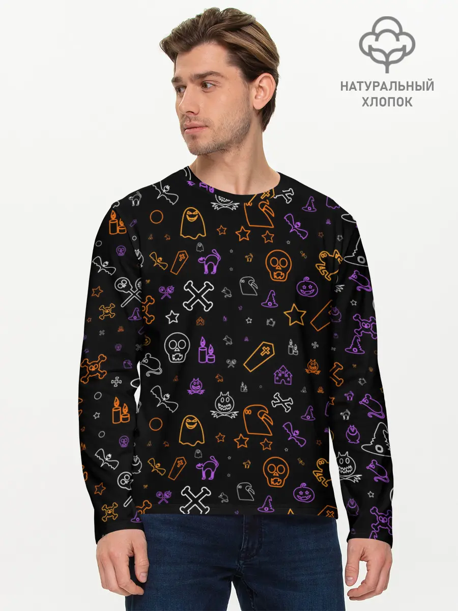 Мужской лонгслив базовый / ХЕЛЛОУИН ПАТТЕРН НЕОН / HALLOWEEN NEON (P007_P004ooo3013565, P004ooo3013565)