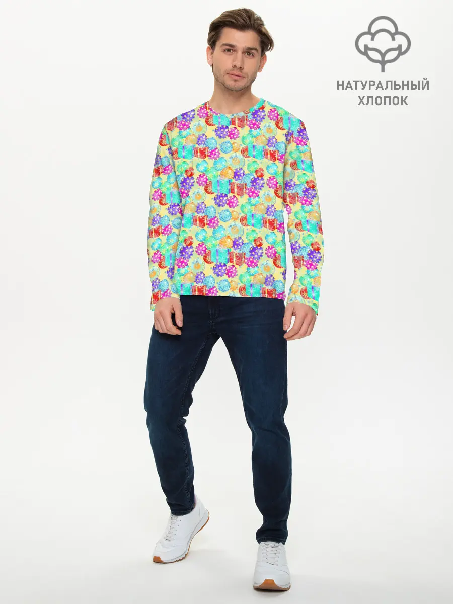 Мужской лонгслив базовый / Новогодние Игрушки и Подарки (P007_P004ooo3013295, P004ooo3013295)
