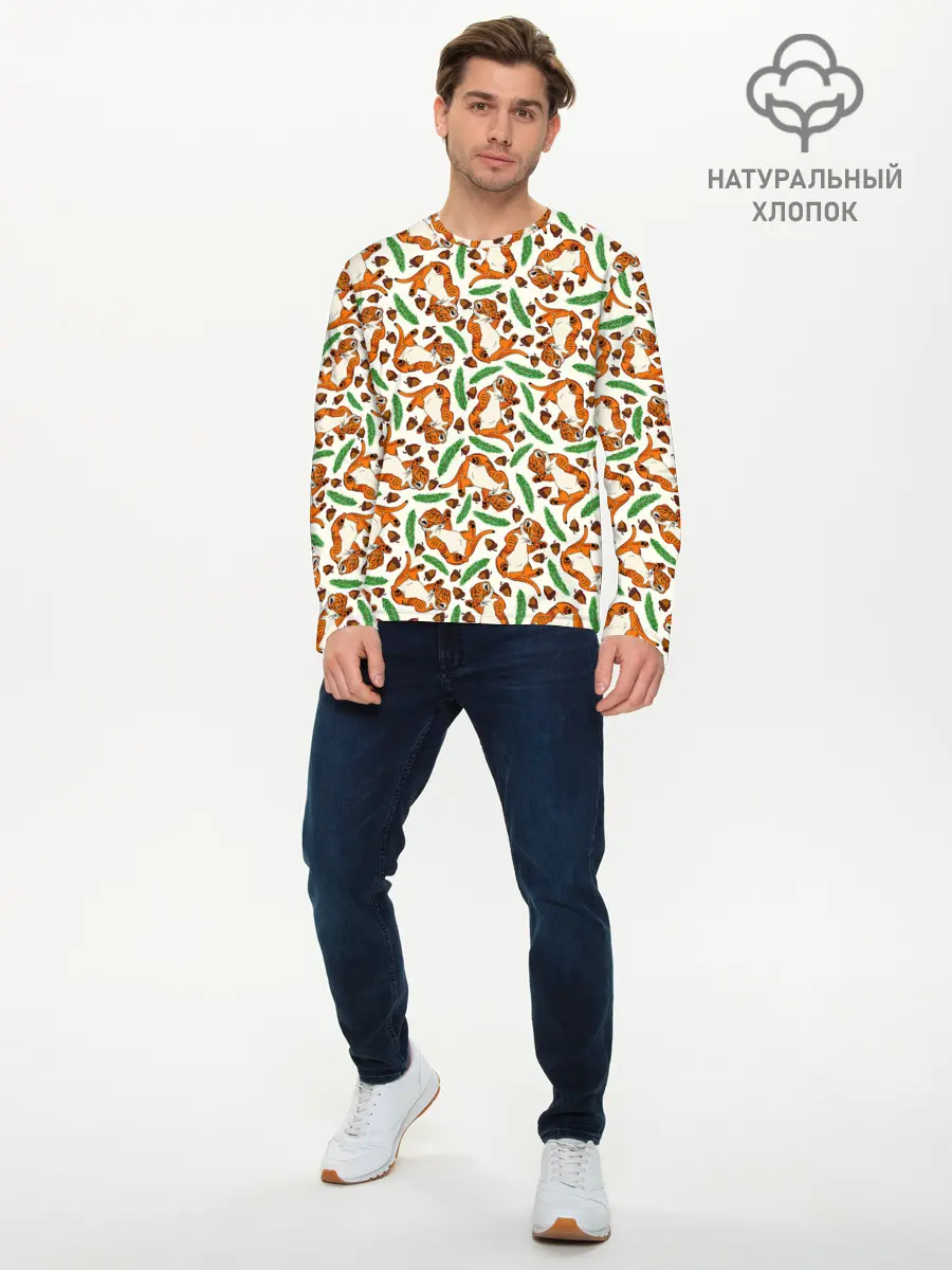 Мужской лонгслив базовый / Тигрята, еловые ветки и желуди (P007_P004ooo3013845, P004ooo3013845)