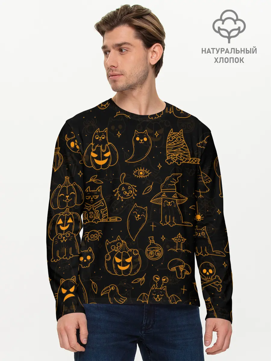 Мужской лонгслив базовый / ХЕЛЛОУИН ПАТТЕРН КОТИКИ / HALLOWEEN KITTY (P007_P004ooo3013581, P004ooo3013581)