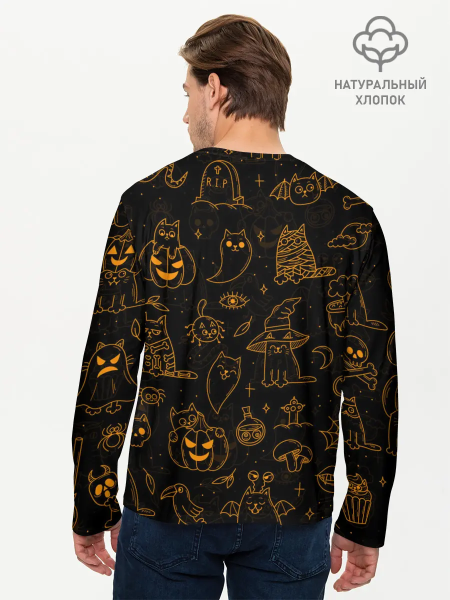 Мужской лонгслив базовый / ХЕЛЛОУИН ПАТТЕРН КОТИКИ / HALLOWEEN KITTY (P007_P004ooo3013581, P004ooo3013581)