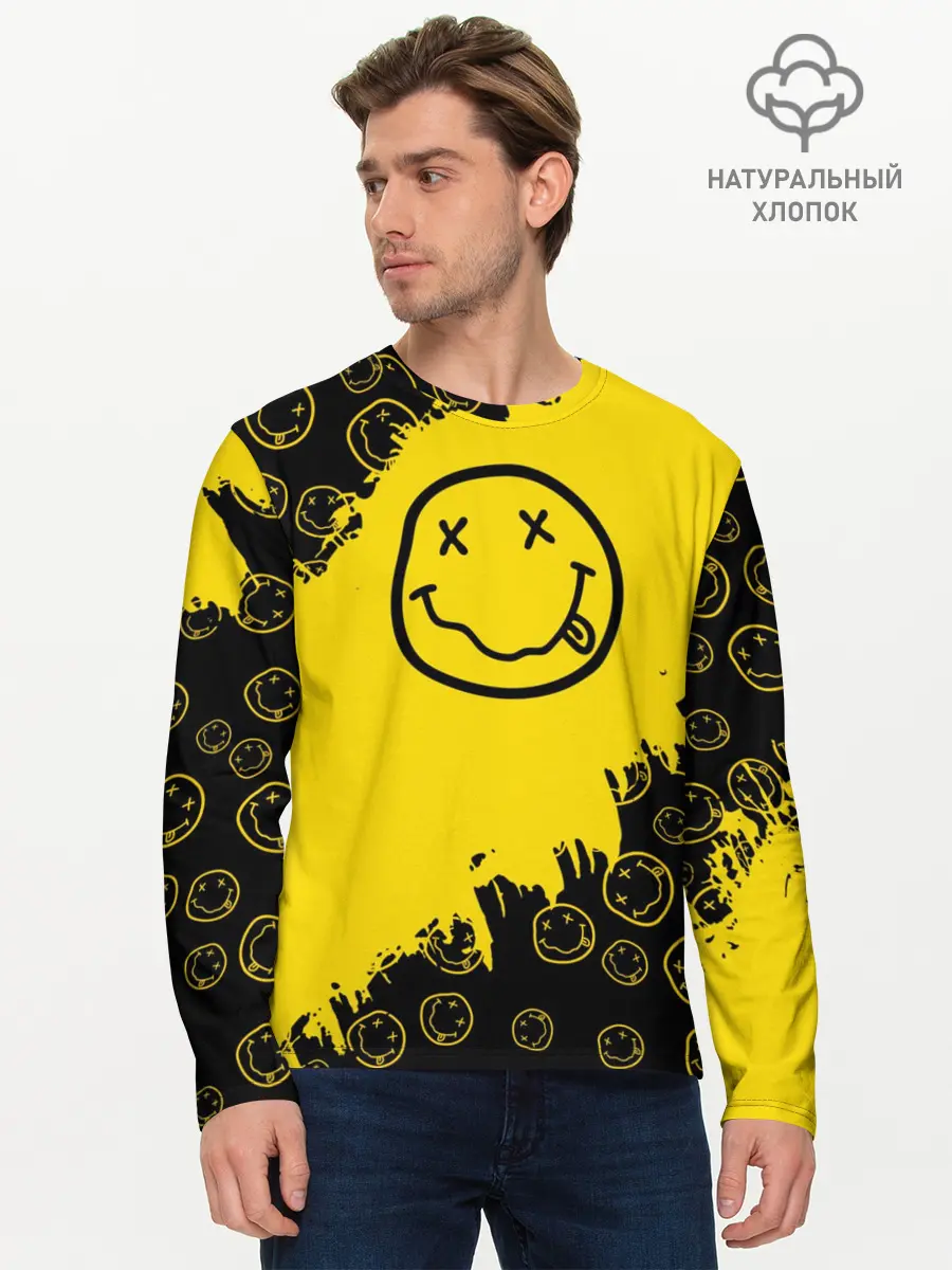 Мужской лонгслив базовый / Nirvana Smile | Нирвана Рваный Паттерн (P007_P004ooo3018443, P004ooo3018443)