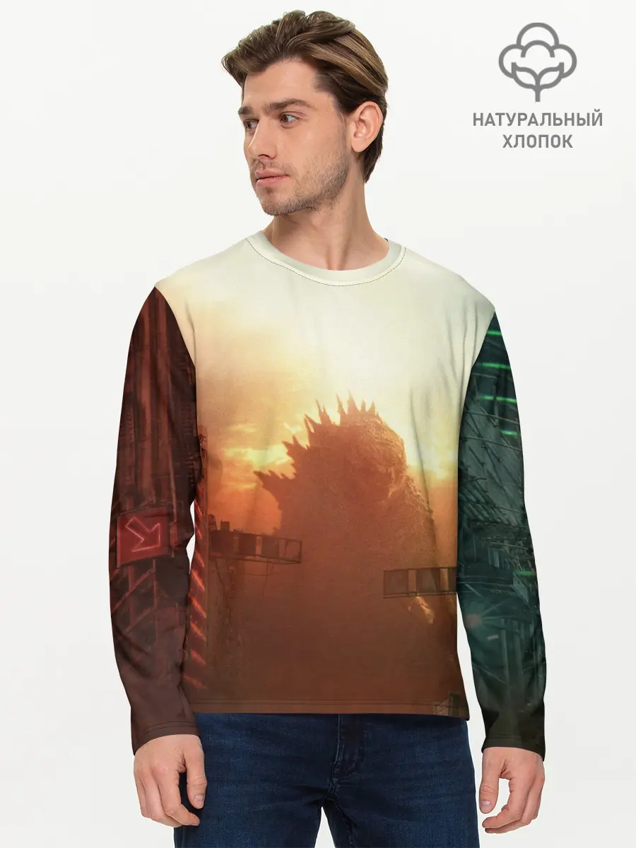 Мужской лонгслив базовый / ГОДЗИЛЛА РАЗРУШАЕТ ГОРОД (P007_P004ooo3019085, P004ooo3019085)