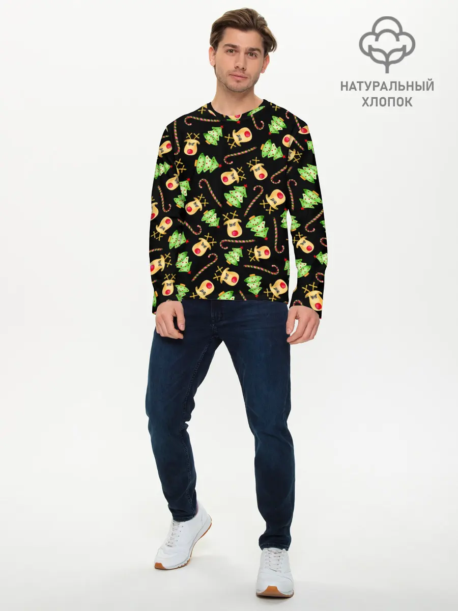 Мужской лонгслив базовый / Олени, елки и карамель (P007_P004ooo3022817, P004ooo3022817)