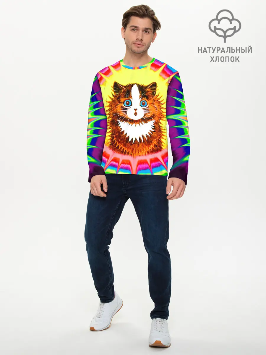 Мужской лонгслив базовый / Psychedelic Rainbow Cat (P007_P004ooo3024075, P004ooo3024075)