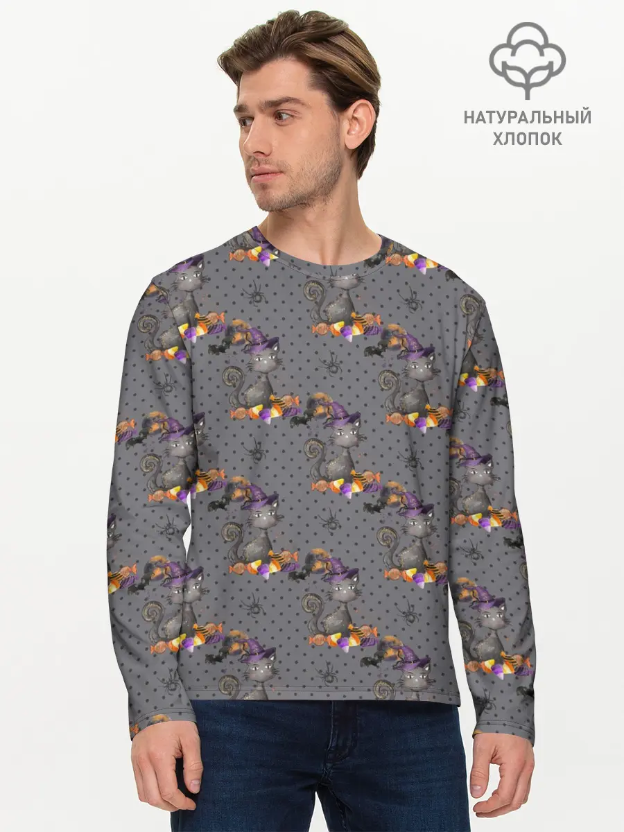 Мужской лонгслив базовый / Кот с тыквой хэллоуин (P007_P004ooo3025871, P004ooo3025871)