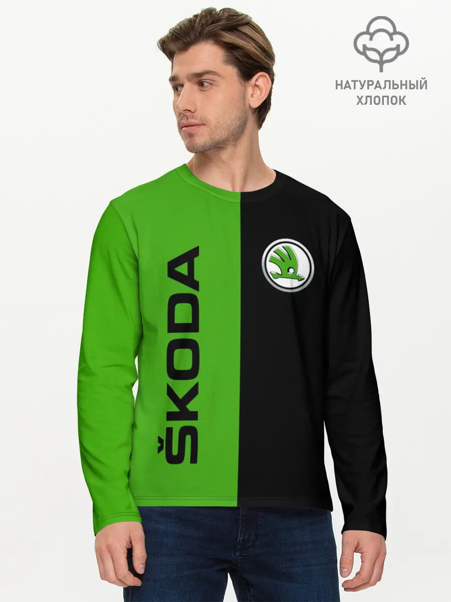 Мужской лонгслив базовый / SKODA черно-зеленый (P007_P004ooo3026675, P004ooo3026675)