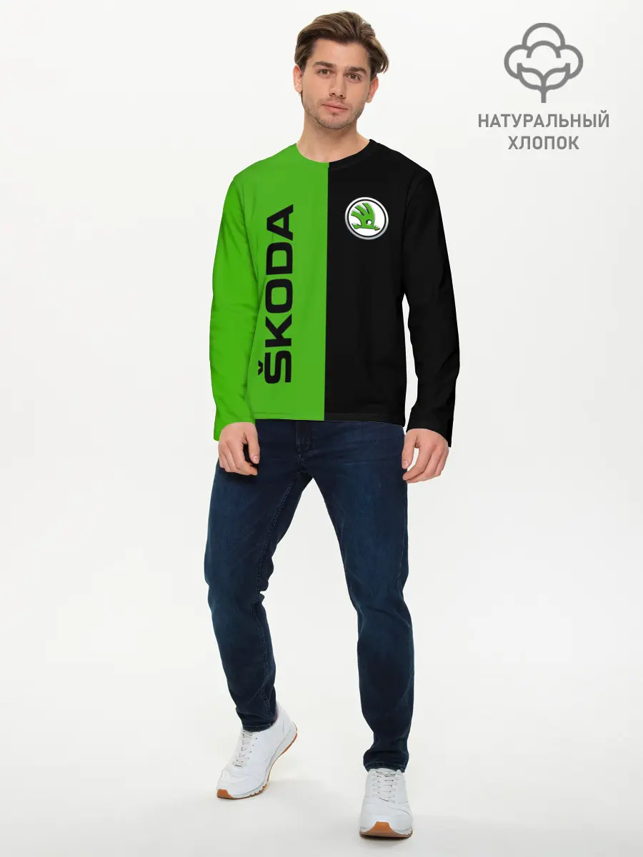 Мужской лонгслив базовый / SKODA черно-зеленый (P007_P004ooo3026675, P004ooo3026675)