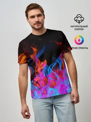 Мужская базовая футболка / ТРИ ОГНЯ / FIRE / СИНИЙ ОГОНЬ