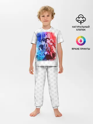 Детская пижама с брюками / Персонажи АТАКИ ТИТАНОВ. Сине-красный принт