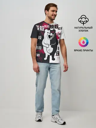 Мужская базовая футболка / monokuma с пупком и иероглифами