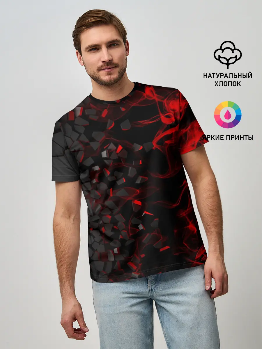 Мужская базовая футболка / 3Д Разлом | 3D Плиты и огонь