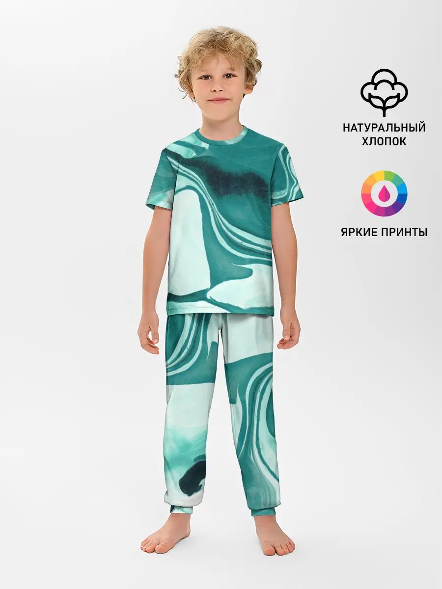 Детская пижама с брюками / красочный зелёный развод