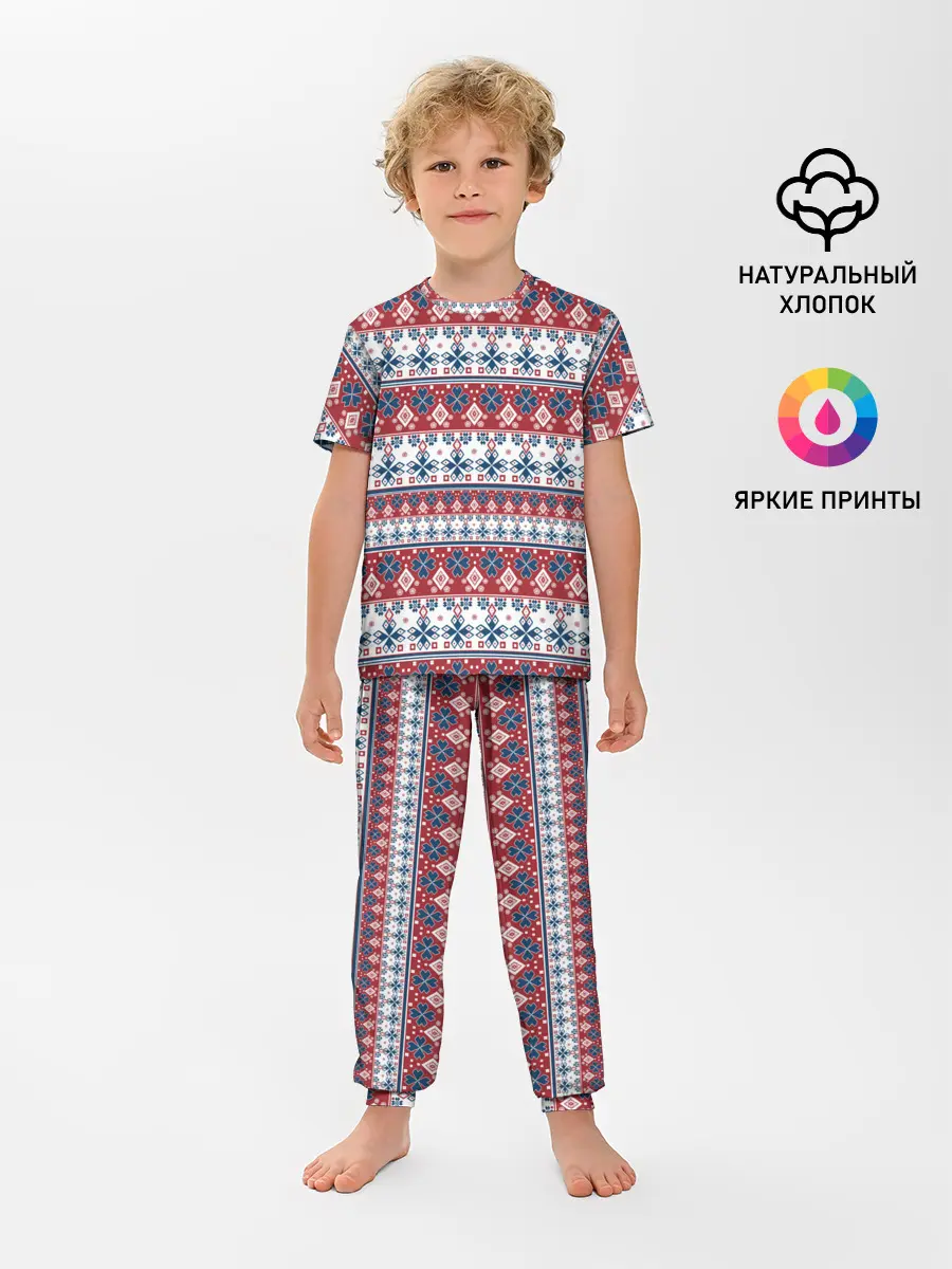 Детская пижама с брюками / Этнический красно-синий узор