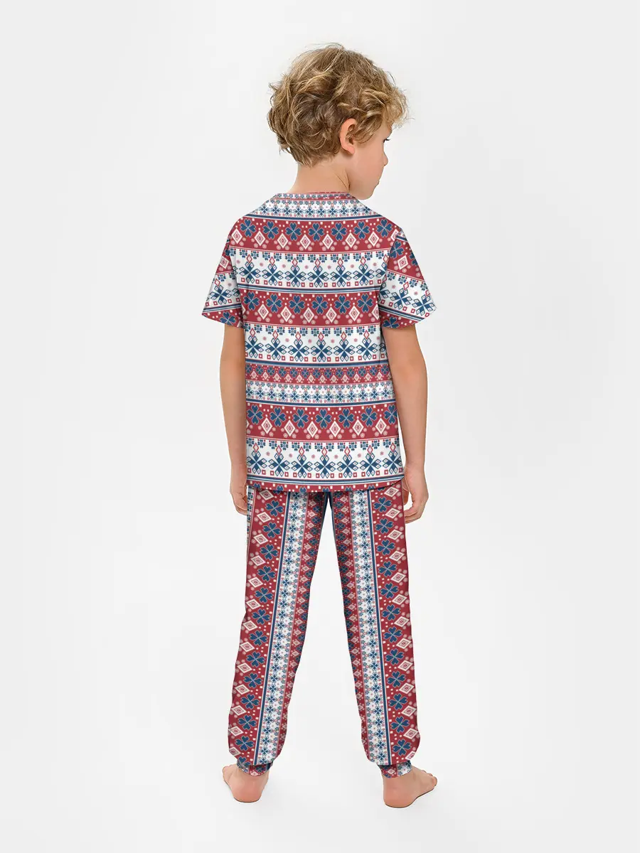 Детская пижама с брюками / Этнический красно-синий узор