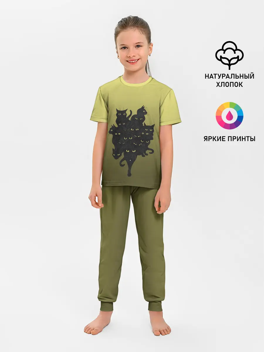 Детская пижама с брюками / много черных котов