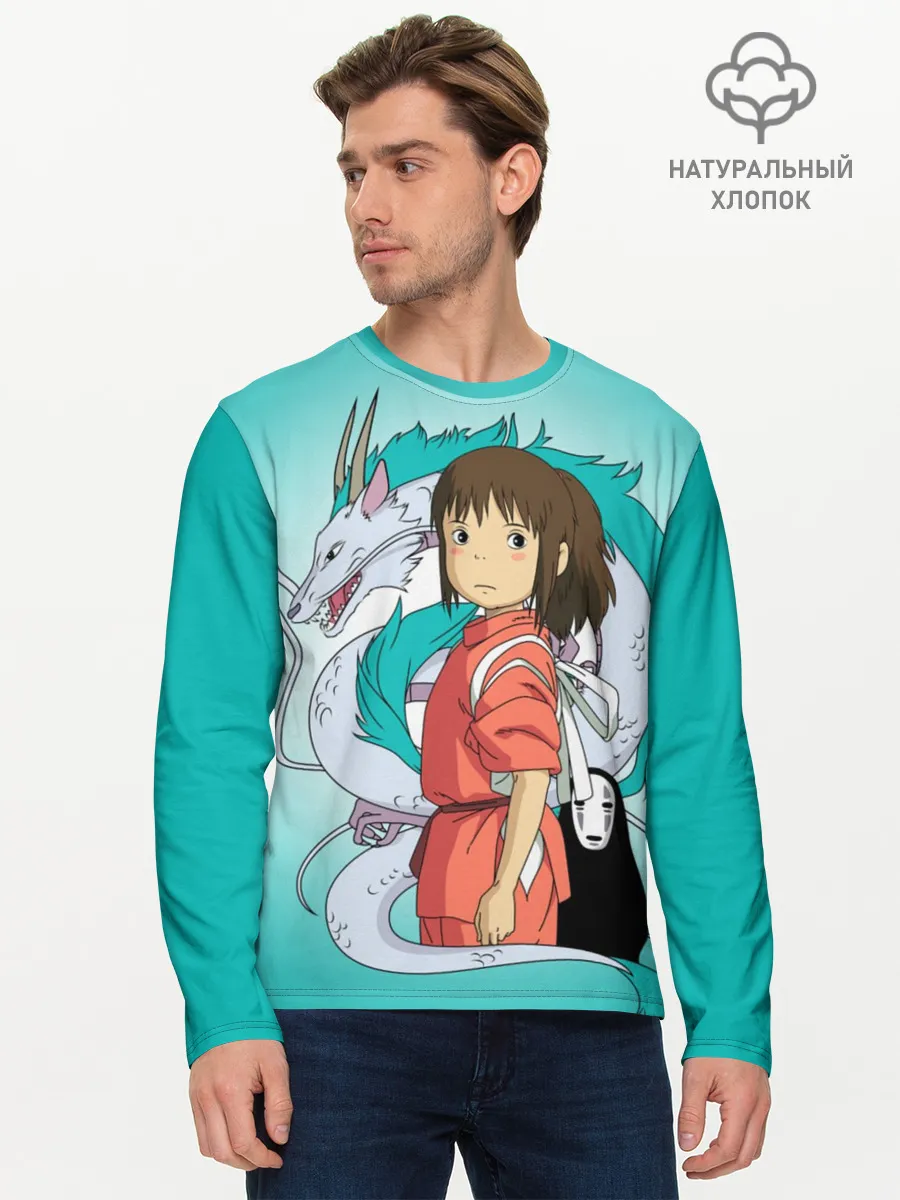 Мужской лонгслив базовый / Тихиро и Хаку зеленый фон