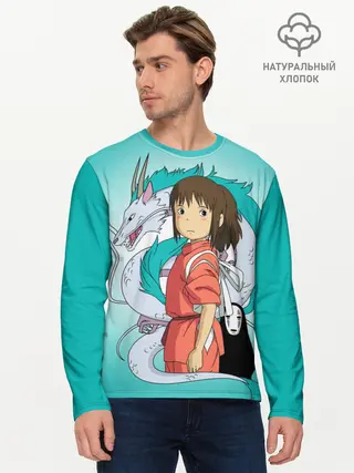 Мужской лонгслив базовый / Тихиро и Хаку зеленый фон