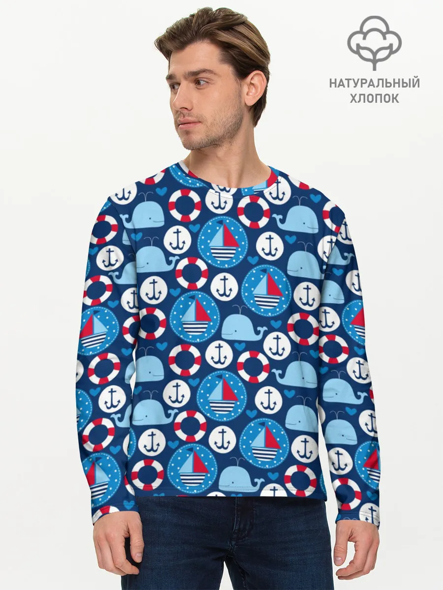 Мужской лонгслив базовый / Киты и яхты