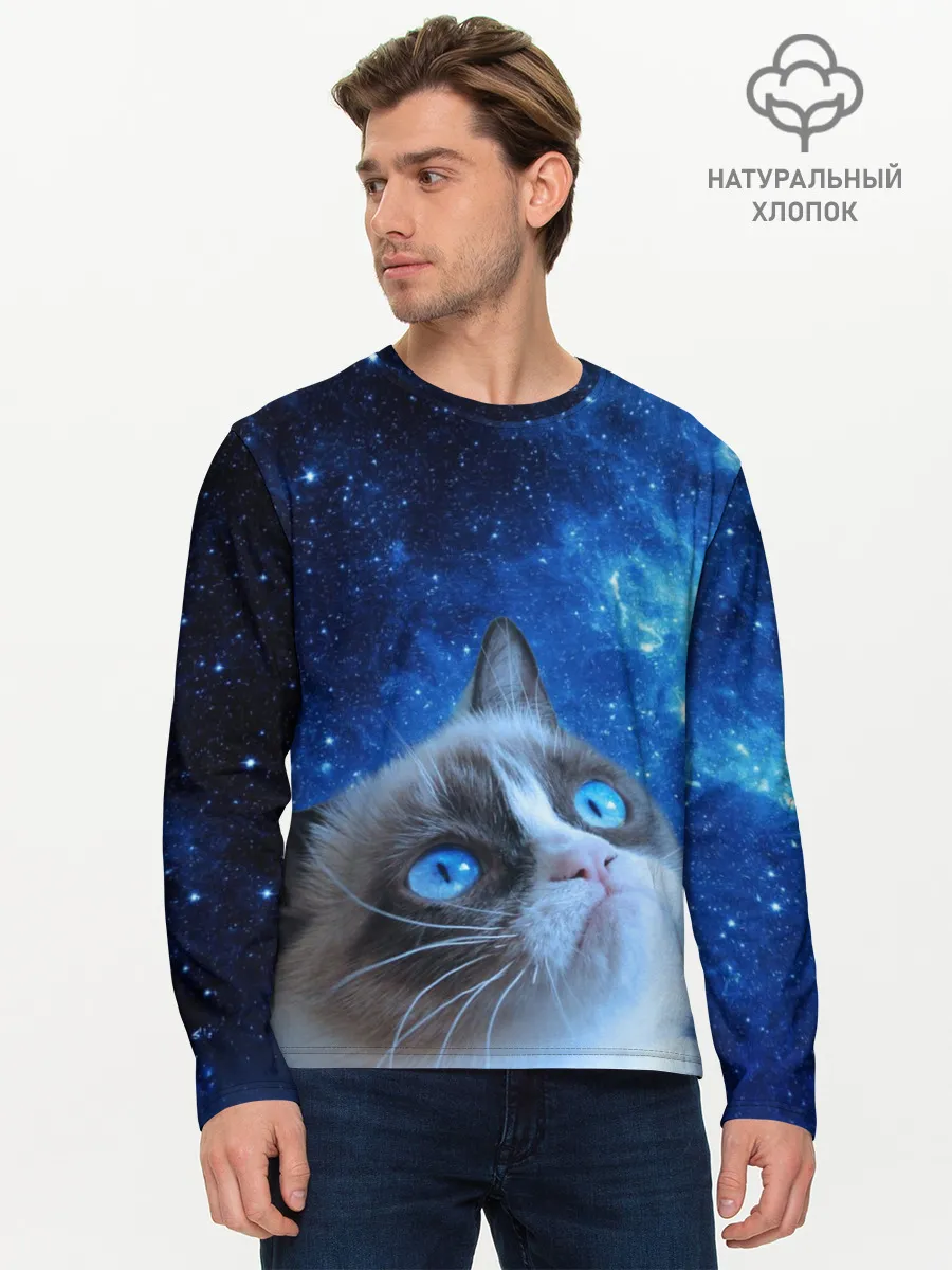 Мужской лонгслив базовый / Сердитый кот в космосе
