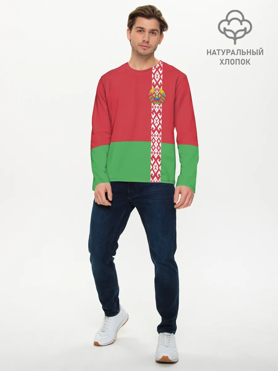 Мужской лонгслив базовый / Белоруссия, лента с гербом