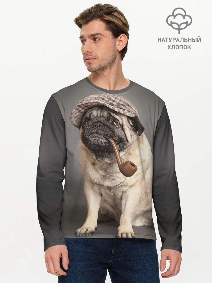 Мужской лонгслив базовый / Мопс в кепке