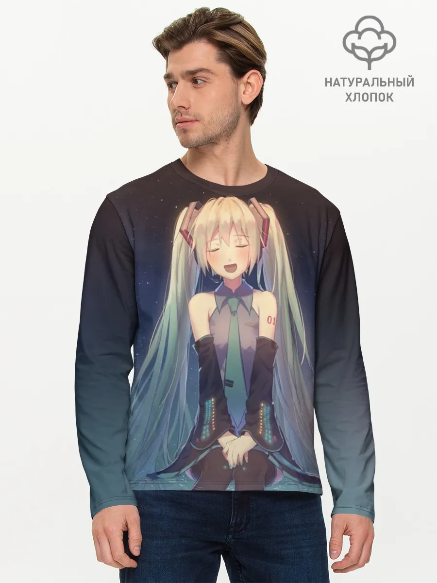Мужской лонгслив базовый / Хатсуне сидит прикрыв глаза