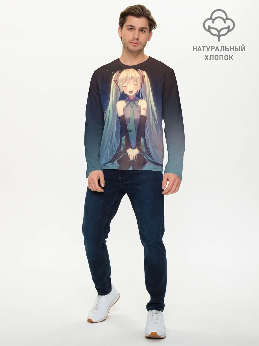 Мужской лонгслив базовый / Хатсуне сидит прикрыв глаза