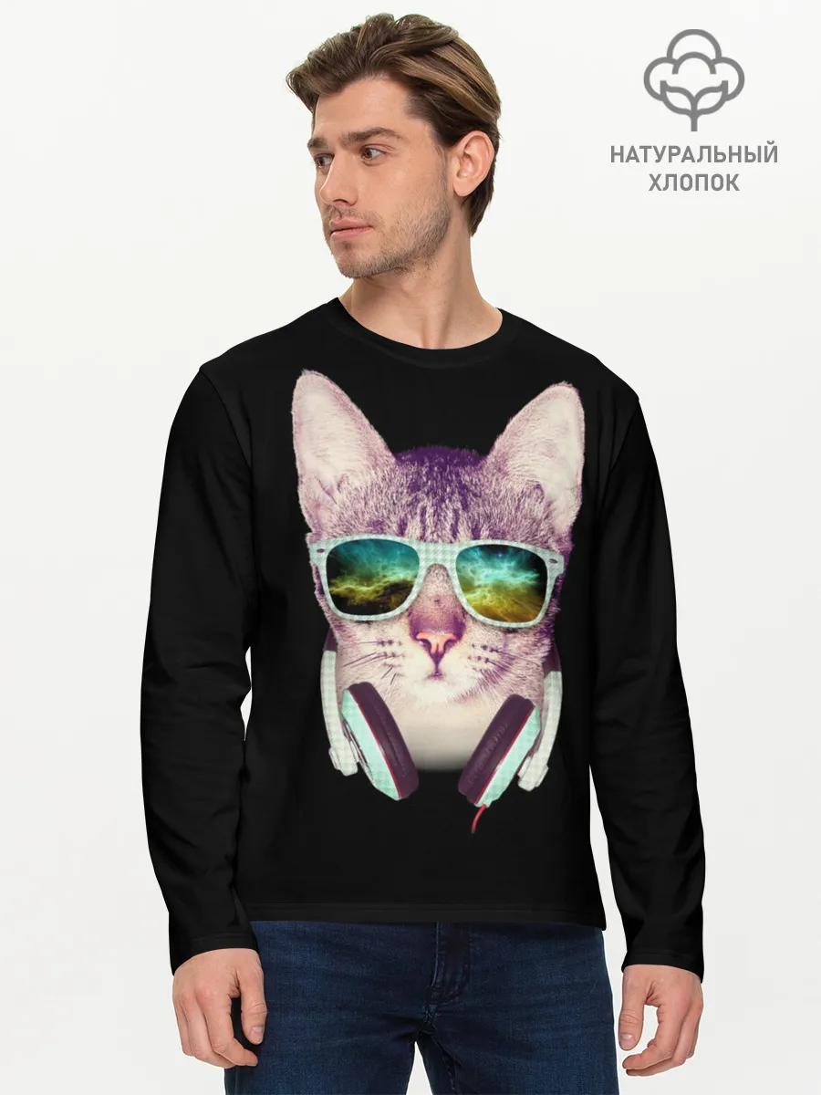 Мужской лонгслив базовый / Кот в Наушниках