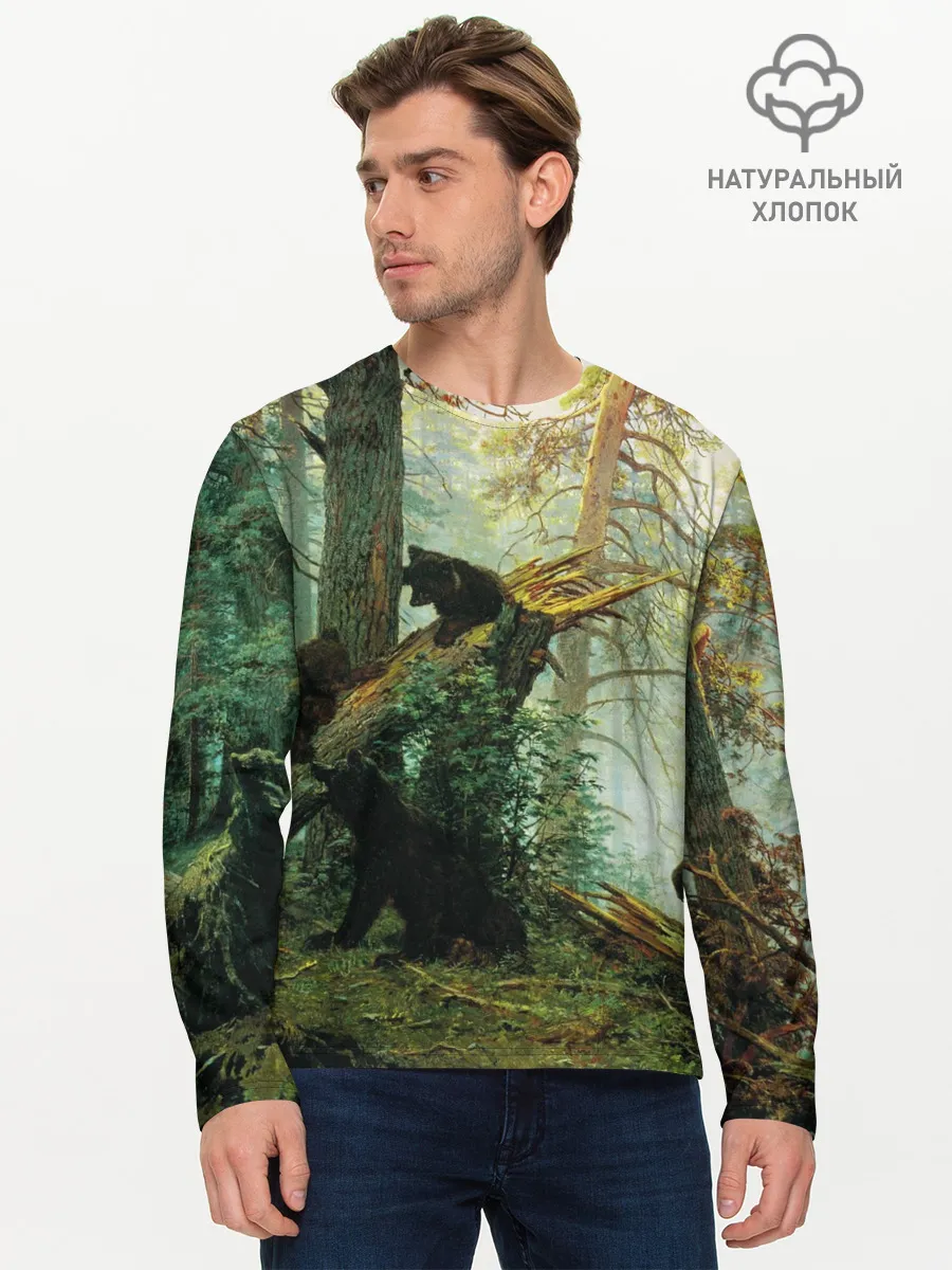 Мужской лонгслив базовый / Утро в сосновом лесу
