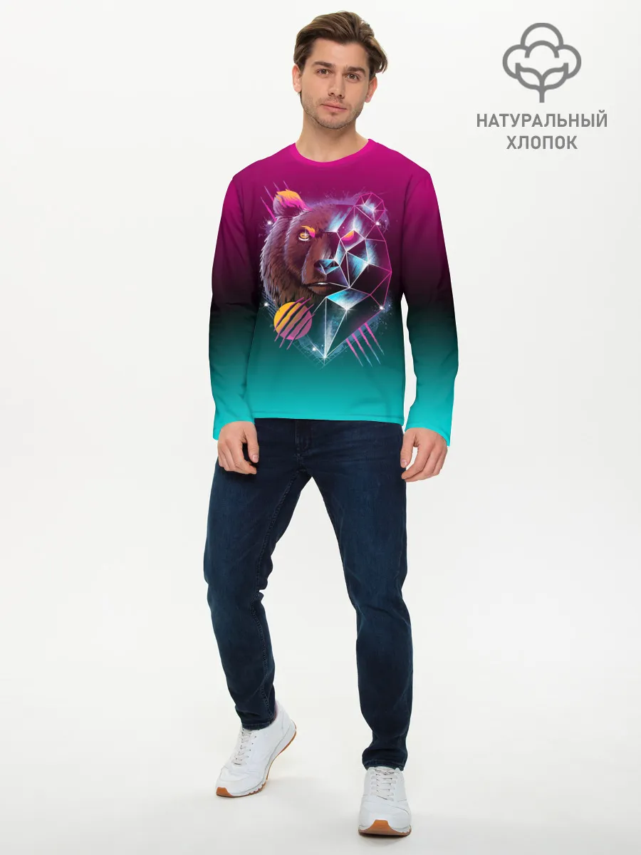 Мужской лонгслив базовый / RETRO CYBER BEAR NEON