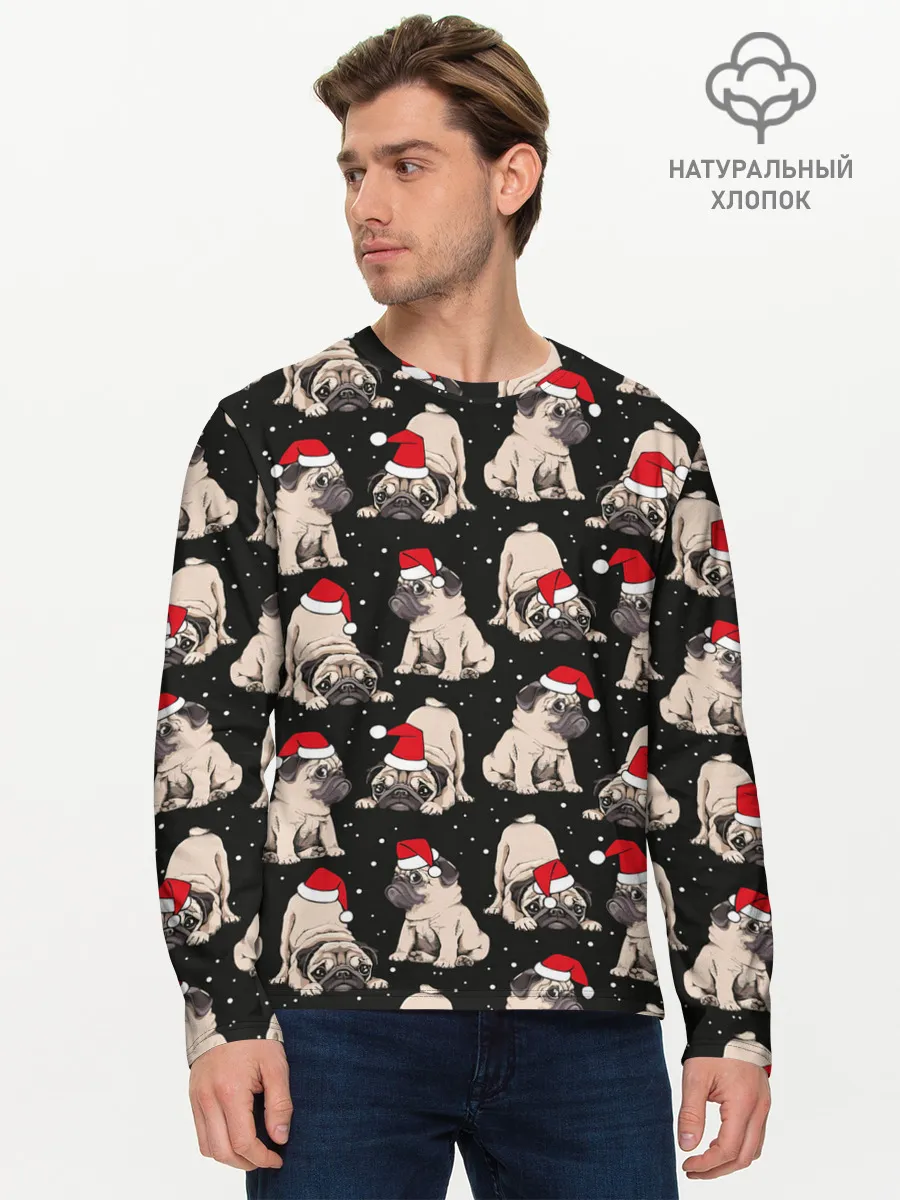 Мужской лонгслив базовый / Новогодние мопсы
