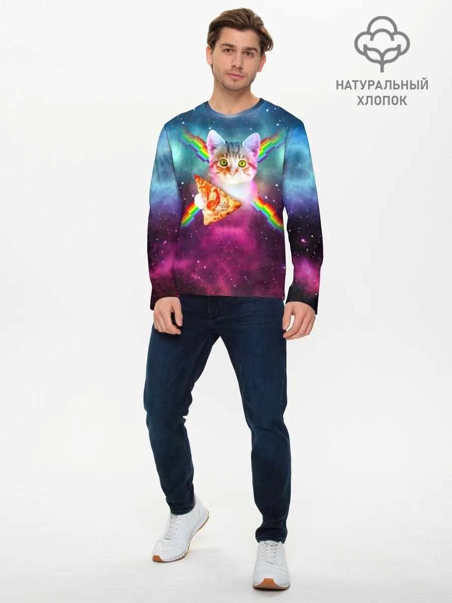 Мужской лонгслив базовый / Кот с радугой и пиццей