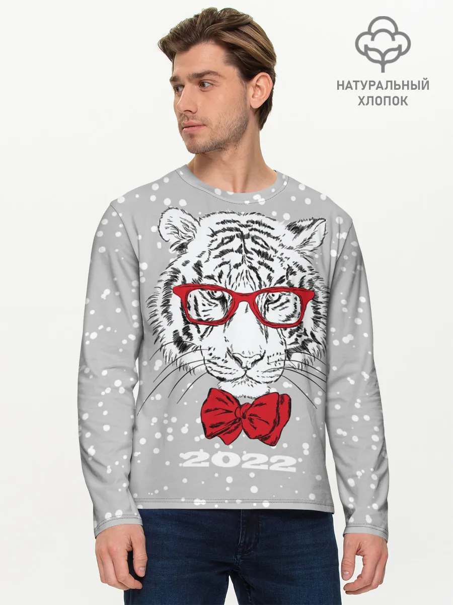 Мужской лонгслив базовый / Белый тигр с красным бантом