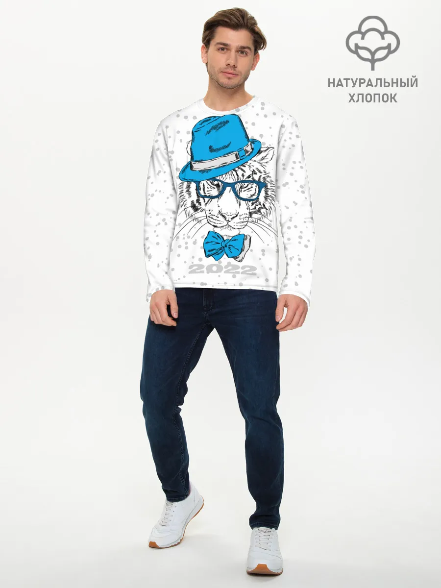 Мужской лонгслив базовый / Белый тигр в синей шляпе