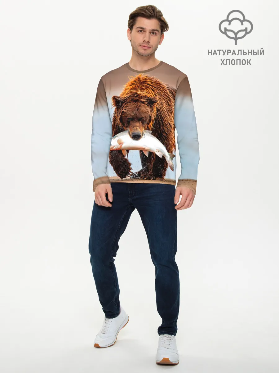 Мужской лонгслив базовый / Медведь с рыбой во рту