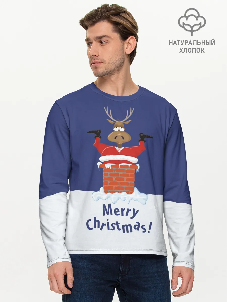 Мужской лонгслив базовый / Санта в трубе с Оленем
