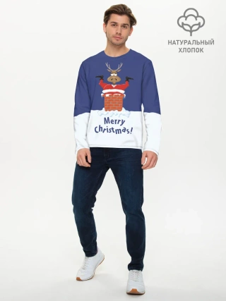 Мужской лонгслив базовый / Санта в трубе с Оленем