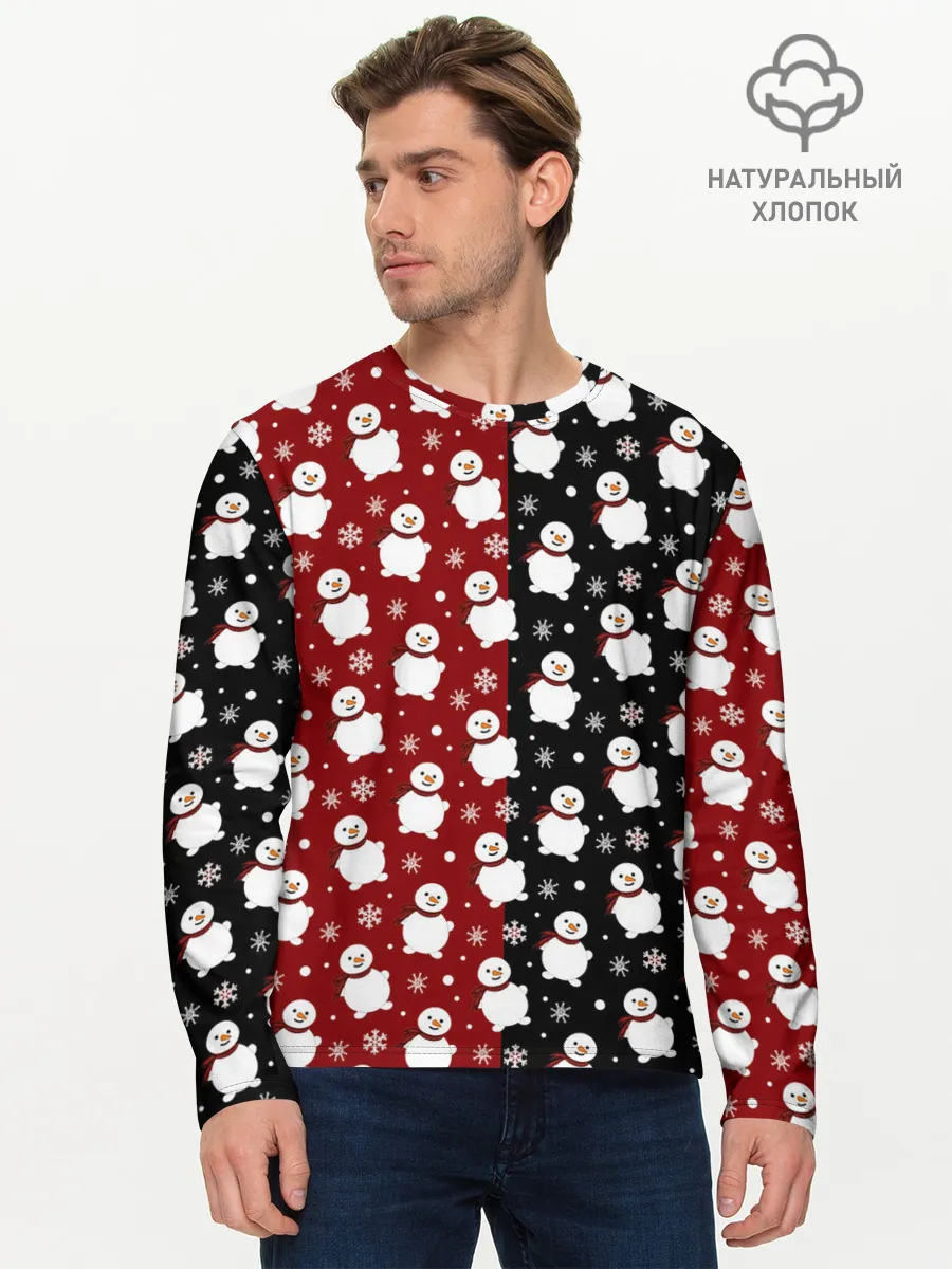 Мужской лонгслив базовый / Снеговики, снежинки и снег