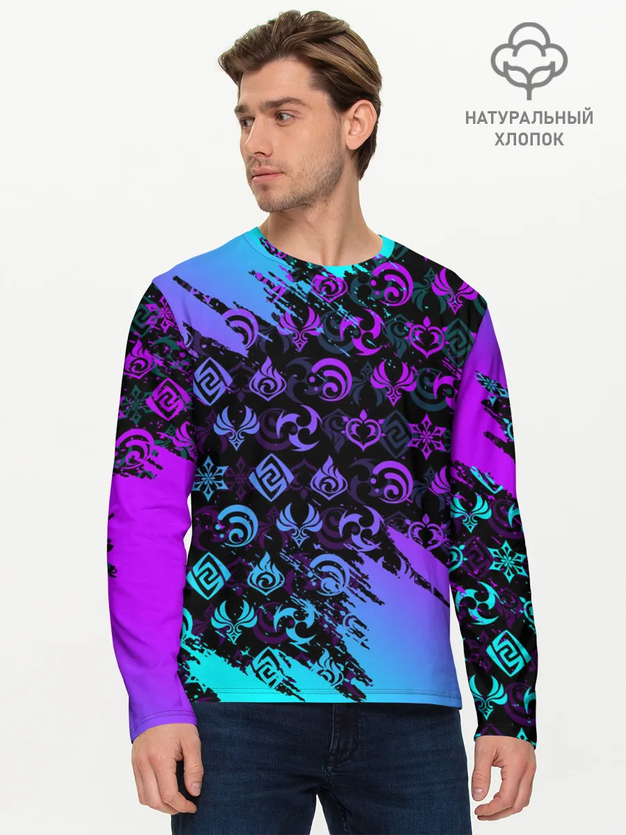 Мужской лонгслив базовый / GENSHIN NEON PATTERN SYMBOL / НЕОН ЭМБЛЕМЫ