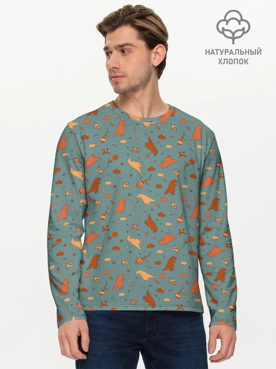 Мужской лонгслив базовый / детский принт с динозаврами и звездами