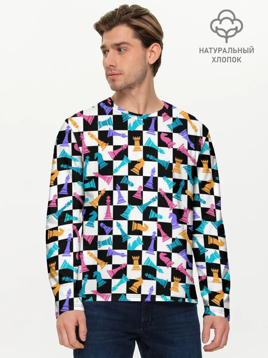 Мужской лонгслив базовый / Разноцветные Шахматные Фигуры