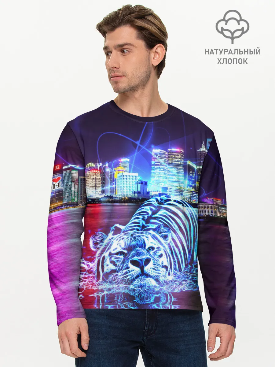 Мужской лонгслив базовый / Плывущий неоновый тигр