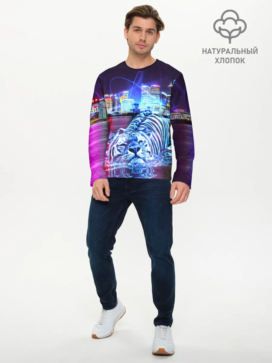 Мужской лонгслив базовый / Плывущий неоновый тигр