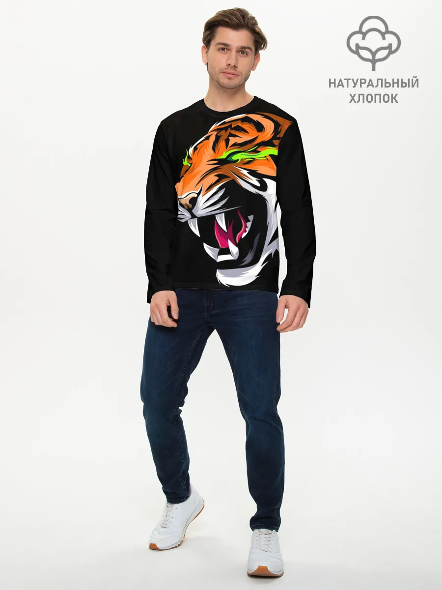 Мужской лонгслив базовый / Тигр, с зелеными глазами