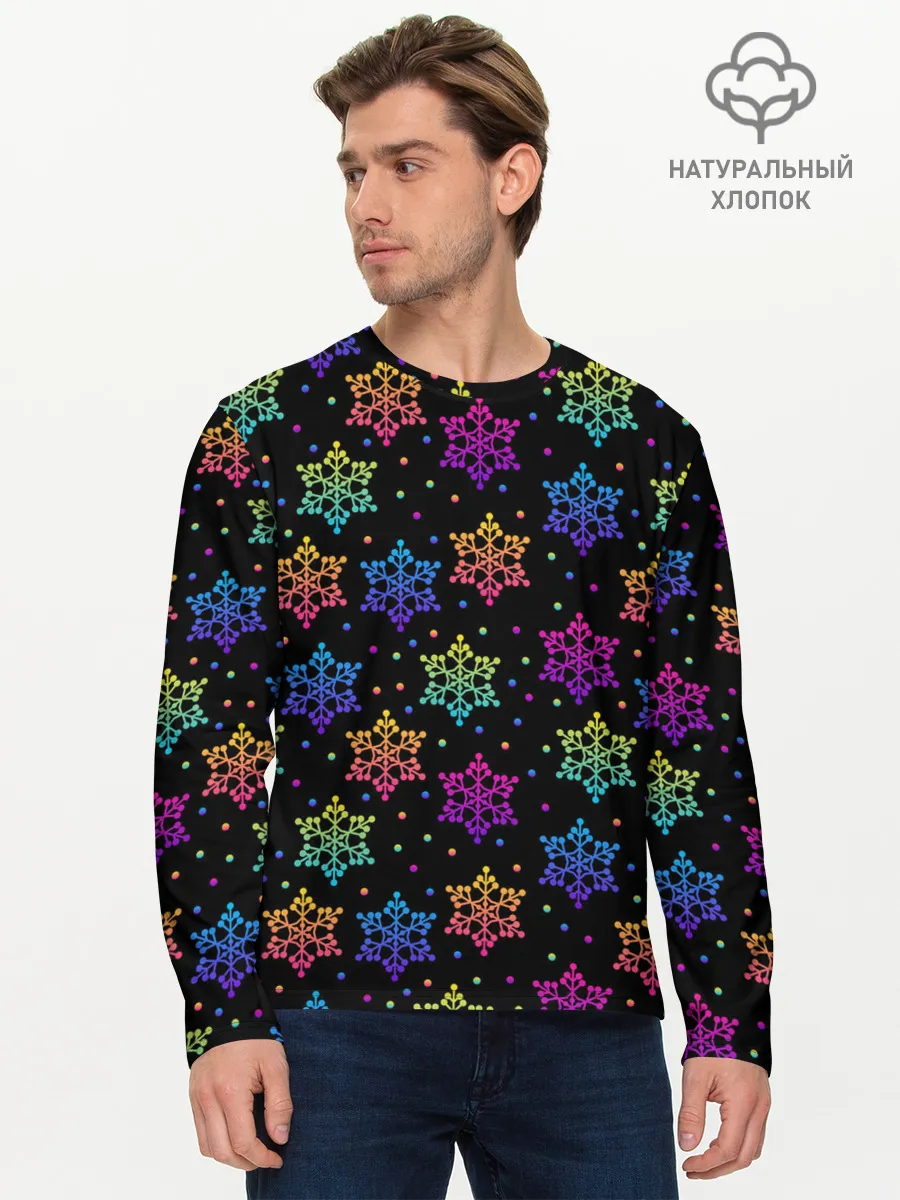 Мужской лонгслив базовый / Неоновые снежинки / Neon snowflakes