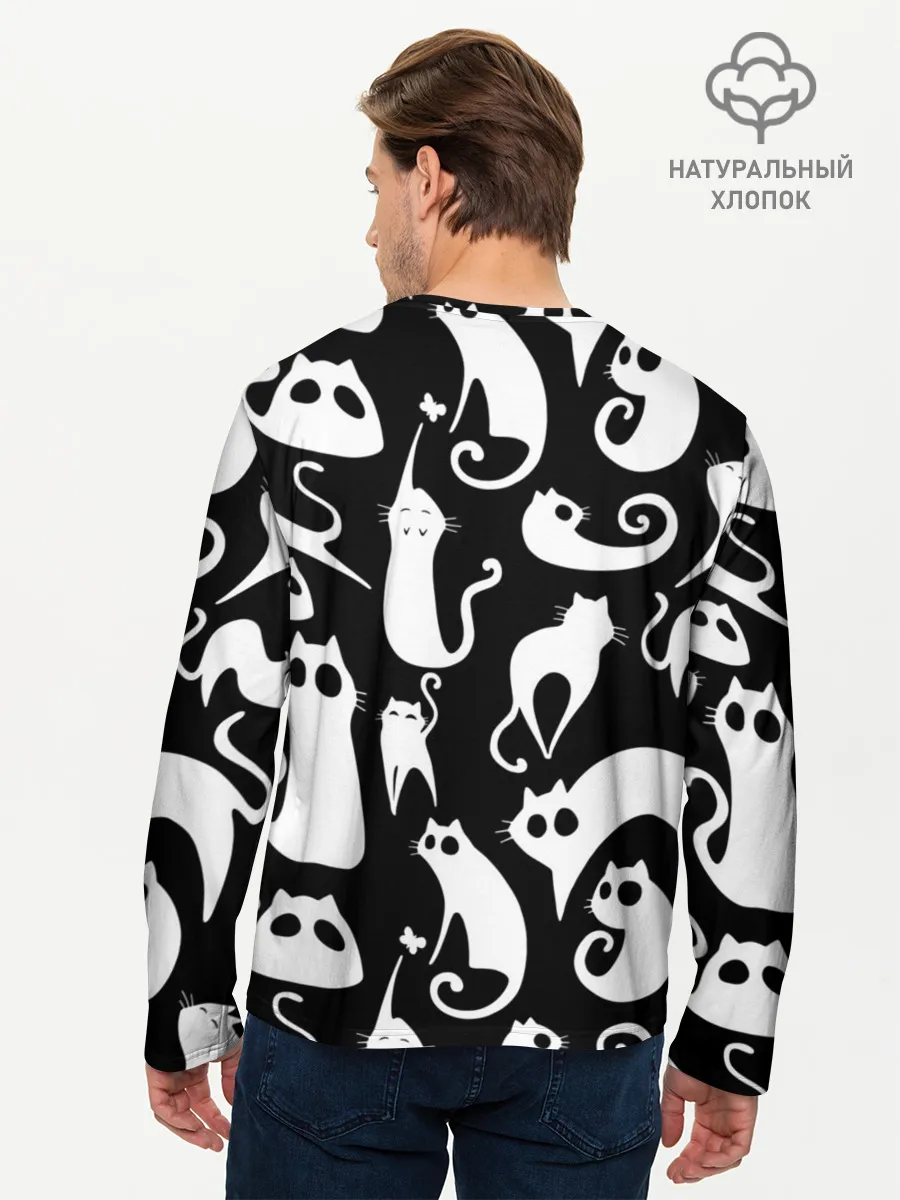 Мужской лонгслив базовый / Белые коты на черном фоне